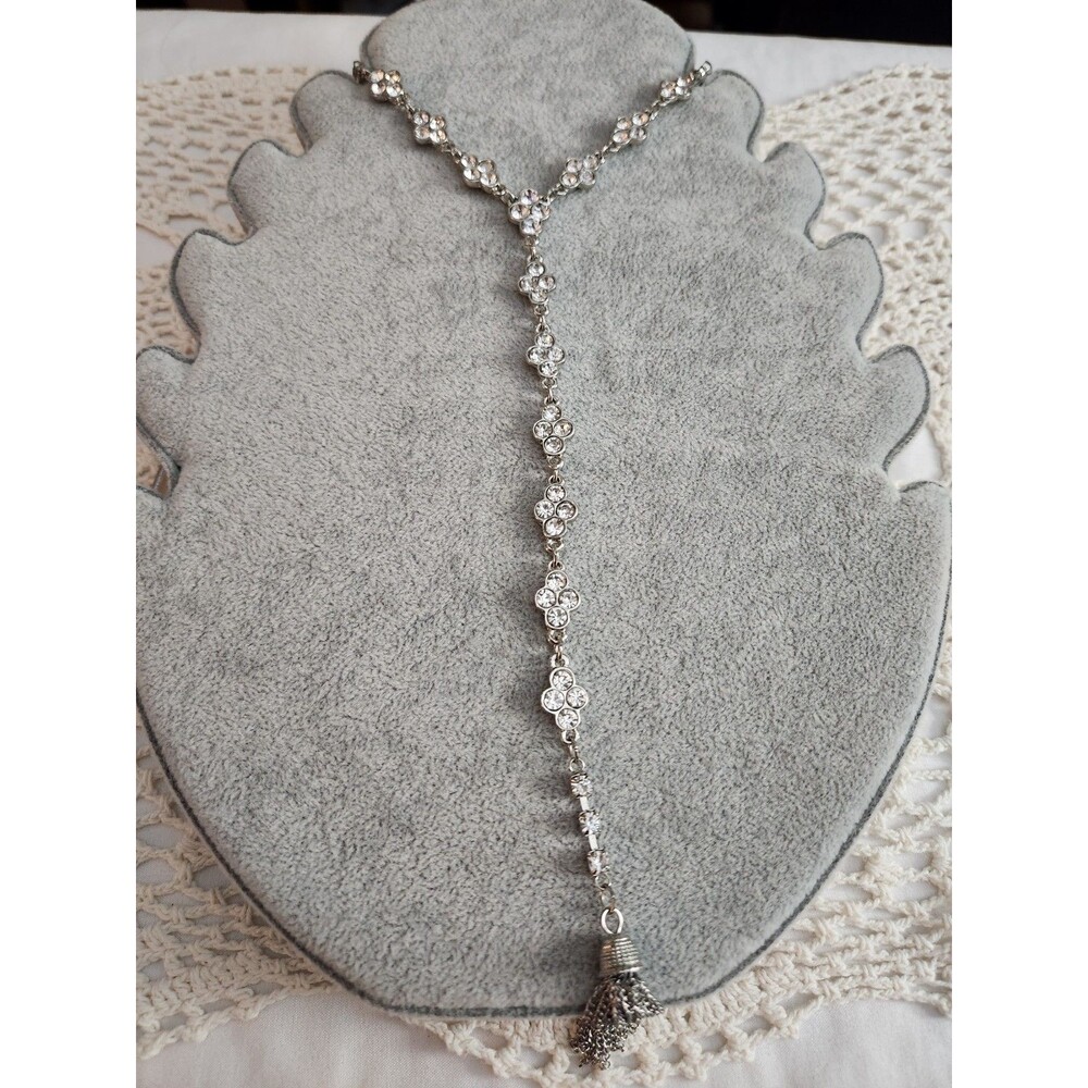 Erica Lyons Silver Toned Long Y Necklace Floral With Rhinestones And Tassel